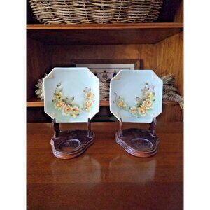 Schumann Bavaria Hand Painted Yellow Roses Plates Signed Becker 5 3/8” Pair